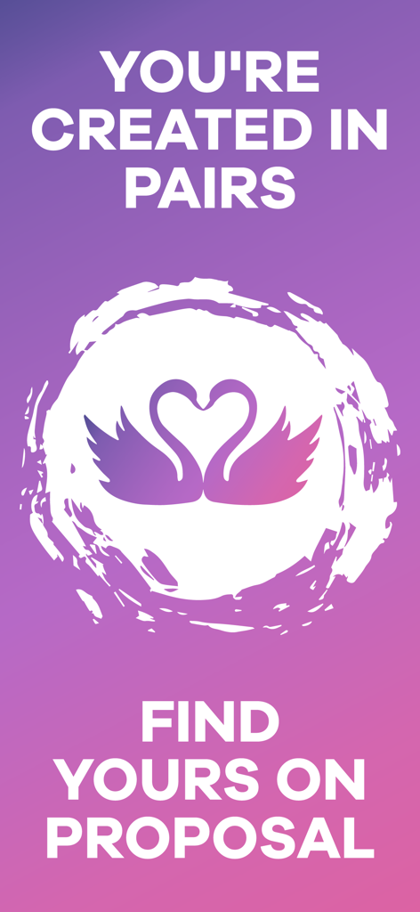Proposal: Muslim Marriage - Marketing banner for the Proposal Muslim Marriage app featuring two swans forming a heart and the slogan You are created in pairs