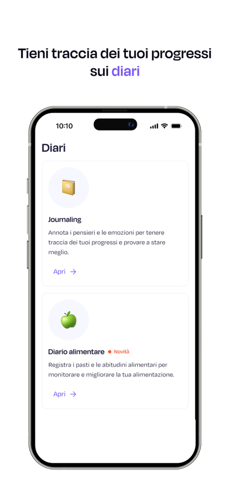 Serenis: psicoterapia online - Interfaccia dell'app Serenis che mostra sezioni di diario e diario alimentare per tracciare i progressi mentali e fisici.
