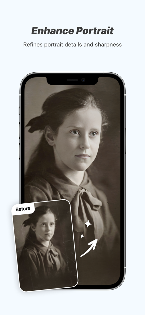 AI portrait enhancement tool showing before and after photo restoration results