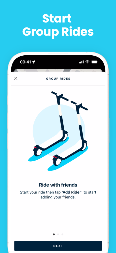 Bird app screen explaining how to start group rides with friends using multiple electric scooters