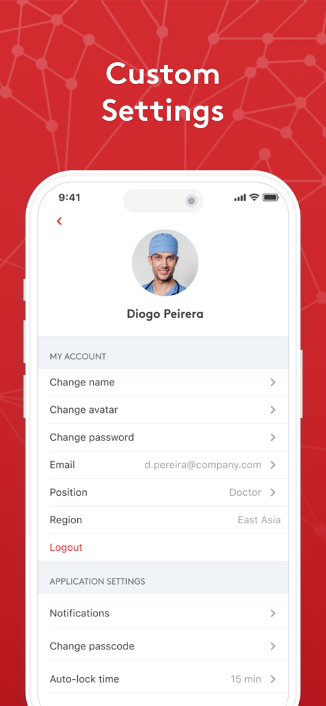 Join - Medical Communication - User profile and account settings screen for a clinician in the Join medical communication app