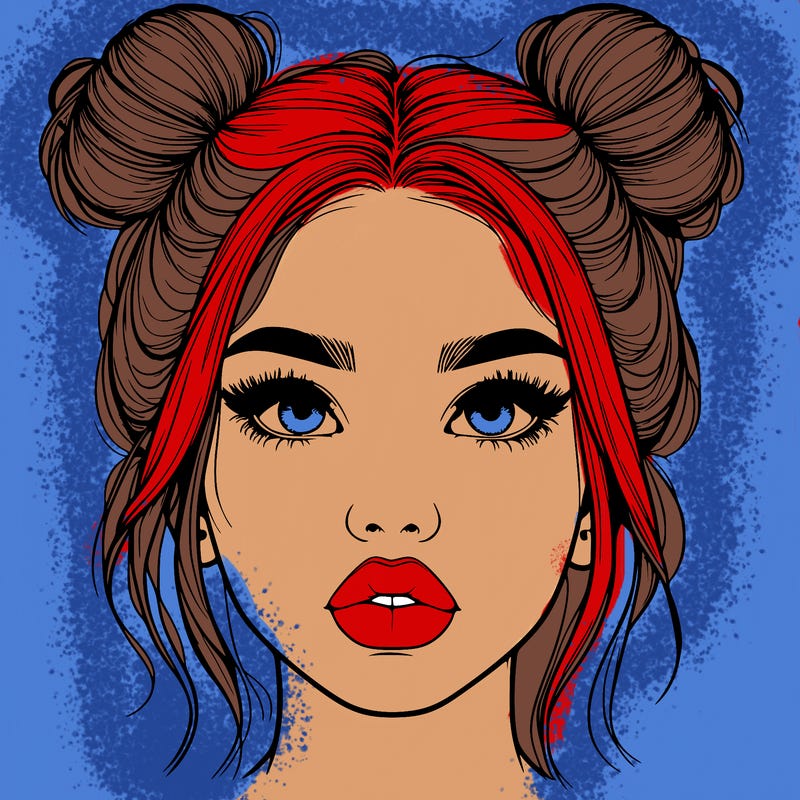 realistic girl with two buns on her hair and lips