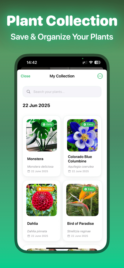 Leafify: Plant Identifier - Interface of the Leafify app showing the My Collection screen with identified plants like Monstera and Dahlia