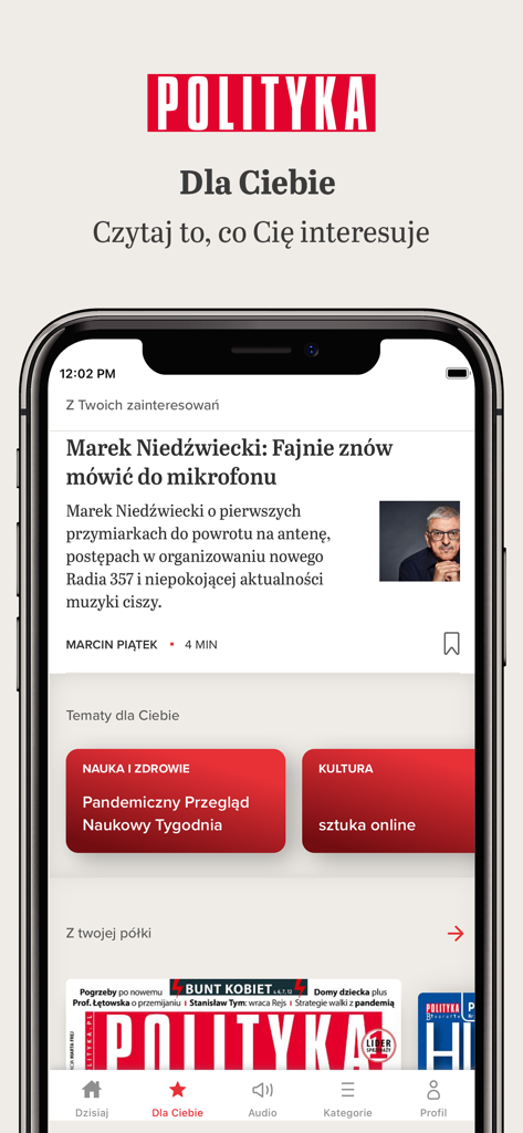 Personalized news feed in the Polityka mobile app showing curated articles and topic categories