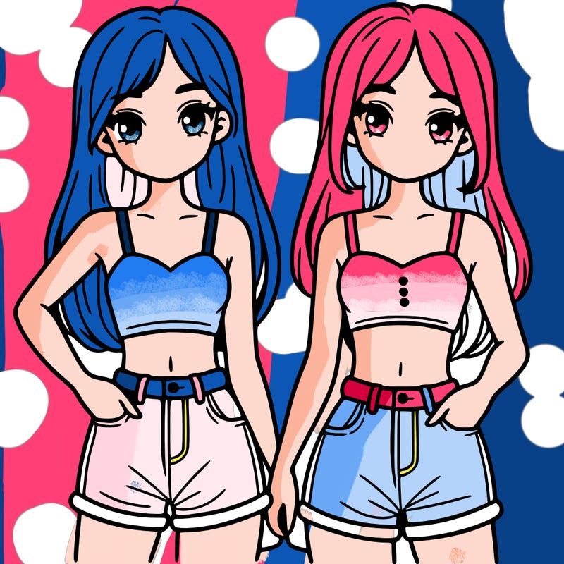 two sisters with crop tops and jean shorts and straight hair