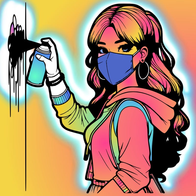 realistic girl with mask spray painting a wall