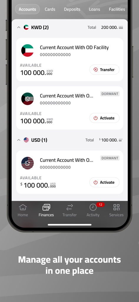 Gulf Bank Corporate Mobile App - Interfaz de la aplicación móvil corporativa de Gulf Bank que muestra un resumen de las cuentas comerciales en KWD y USD