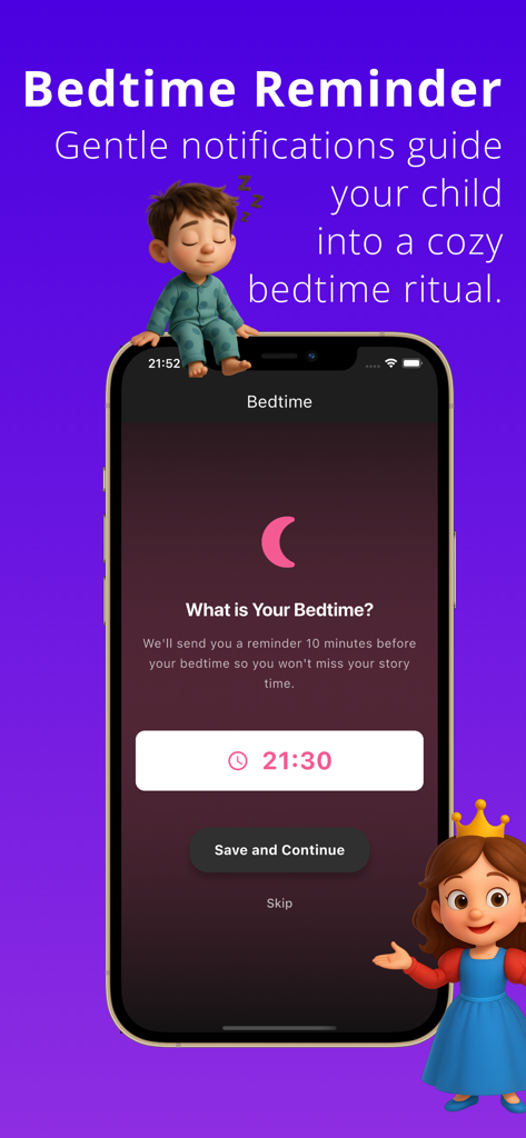 MyTale: Bedtime Stories - Pantalla de recordatorio de hora de dormir de la aplicación MyTale con una ilustración de un niño dormido y una princesa