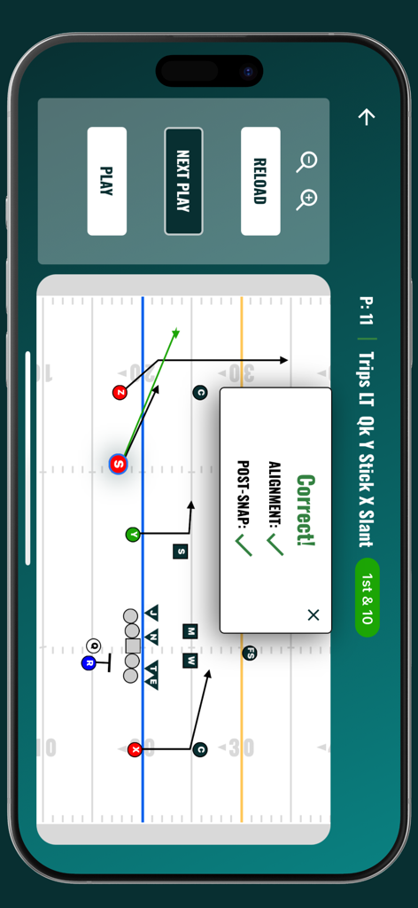 FootballU - FootballU app interface showing a successful football play diagram with alignment and post-snap feedback