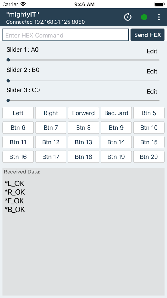 Dashboard of the WiFi Controller ESP8266 app featuring sliders control buttons and a data terminal
