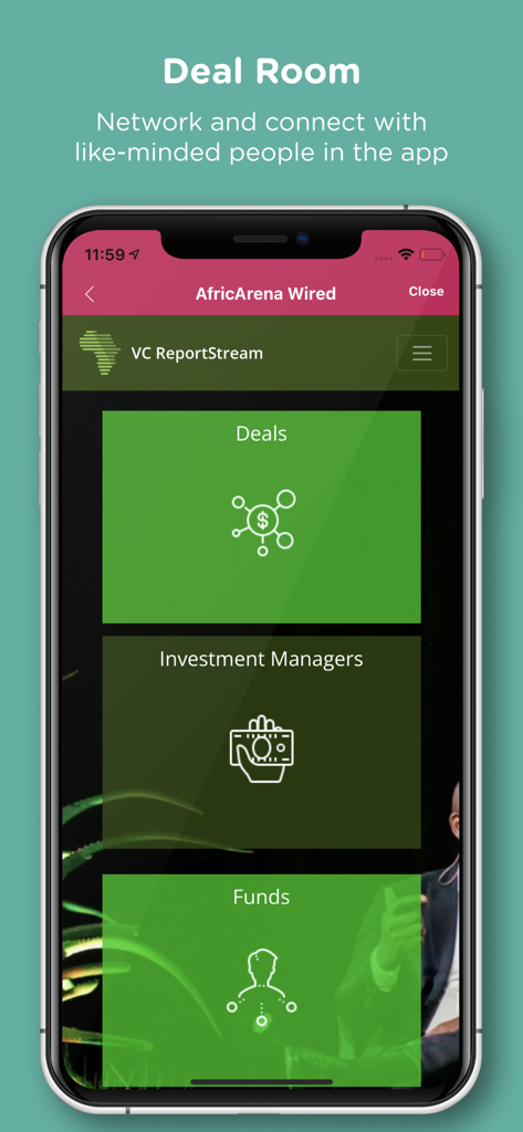 Écran AfricArena Wired Deal Room montrant les options pour les responsables des investissements et les fonds afin de se connecter avec l'écosystème technologique africain