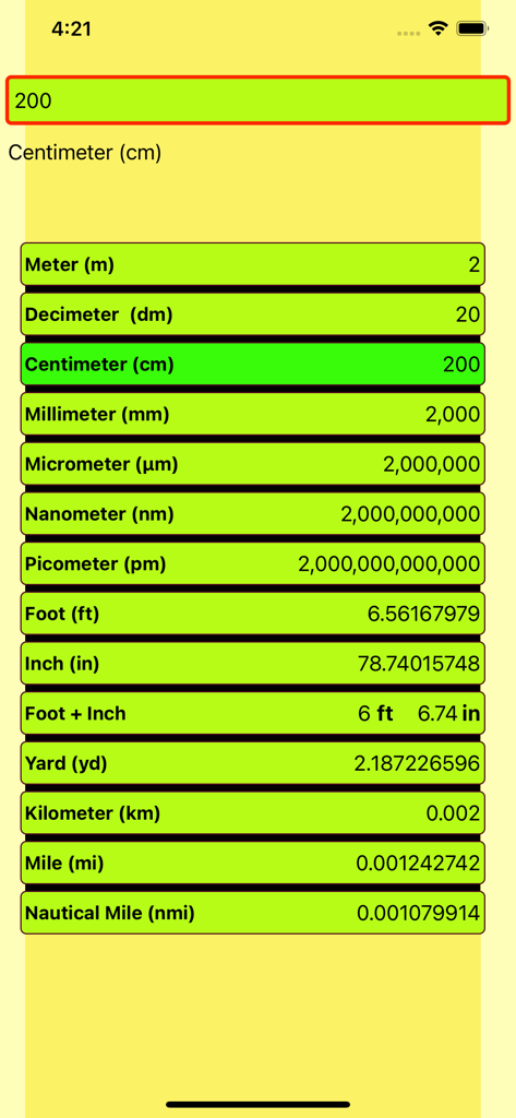 Length Conversion - Bildschirm der Längenkonvertierungs-App, der 200 Zentimeter in verschiedene metrische und imperiale Einheiten, einschließlich Fuß und Zoll, umrechnet