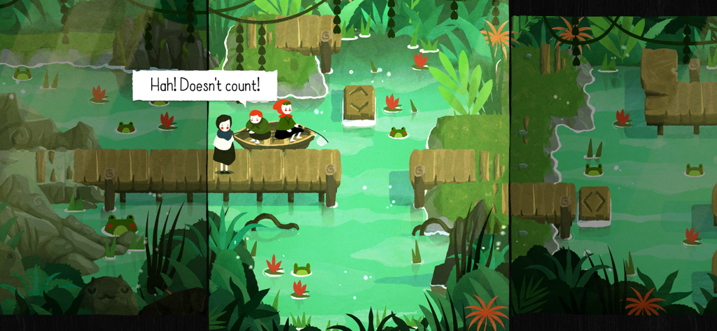 A character standing on a wooden pier next to others in a small boat within a watercolor swamp setting