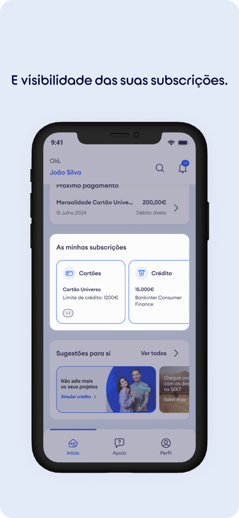 Universo mobile banking app screen showing a dashboard with card limits and credit subscription details