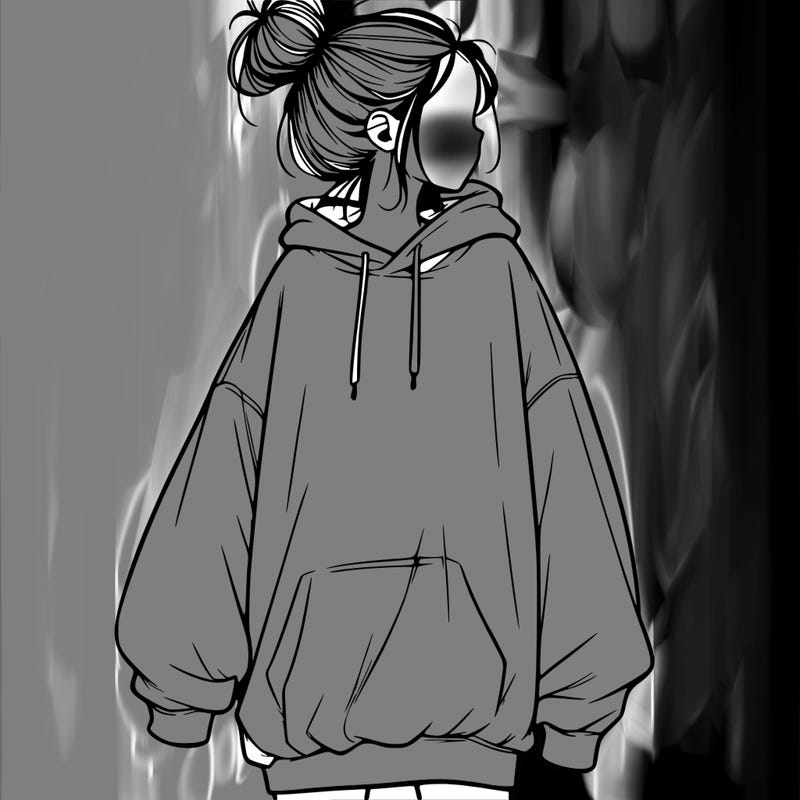 realistic girl with a oversized sweatshirt on and a bun