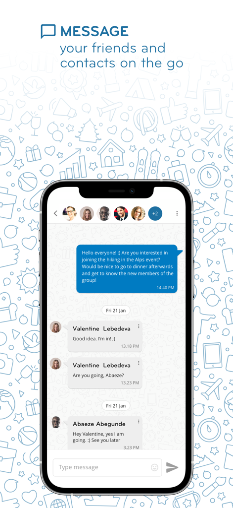 InterNations - Ein Smartphone-Bildschirm, der die Gruppen-Messaging-Oberfläche der InterNations-App zeigt, auf der Expats ein Wander-Event planen.