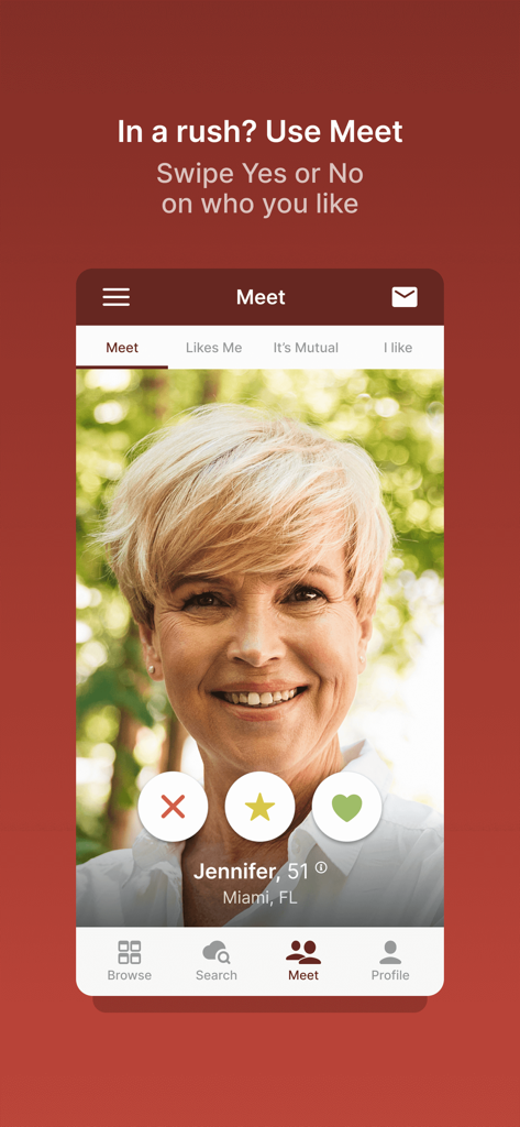 Widow Singles Dating App - The Meet feature of the Widow Singles Dating App showing a dating profile with swipe options