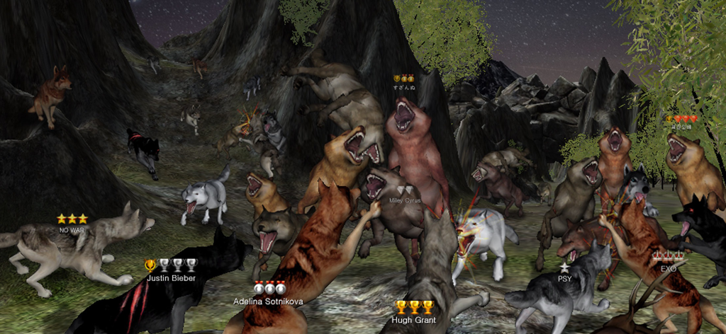 산악 풍경에서 싸우고 울부짖는 다양한 늑대 종족의 대규모 무리