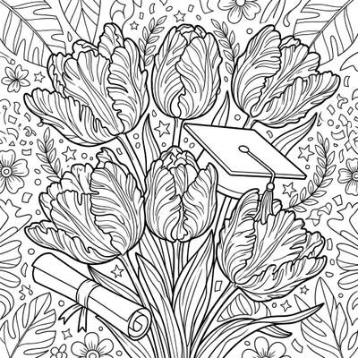 Commemorate a significant milestone with this stunning coloring page featuring vibrant parrot tulips alongside classic graduation symbols. It's the perfect artistic tribute for graduates, capturing the joy of achievement and new beginnings.
