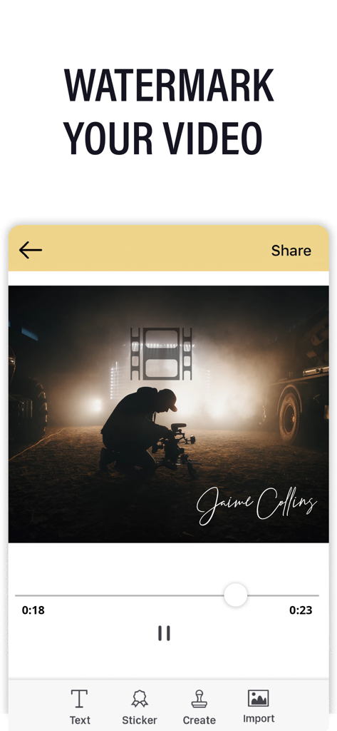 Watermark Maker: Add Signature - Mobile app interface showing a signature watermark added to a professional video