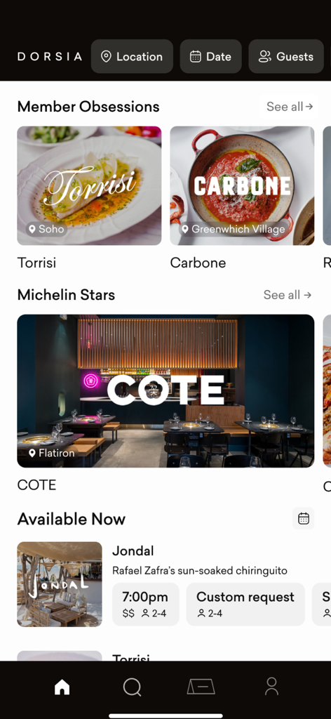 Dorsia Members Club - Dorsia Members Club app interface showing curated high-end restaurant listings like Carbone and Cote in New York City