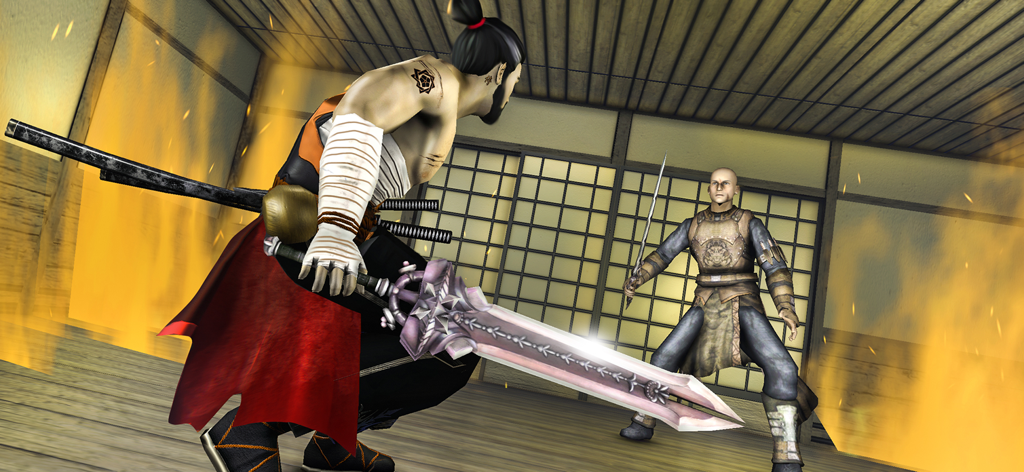 Shadow Ninja Assassin Fight - A ninja warrior with a large ornate sword facing an enemy in a dojo combat scene