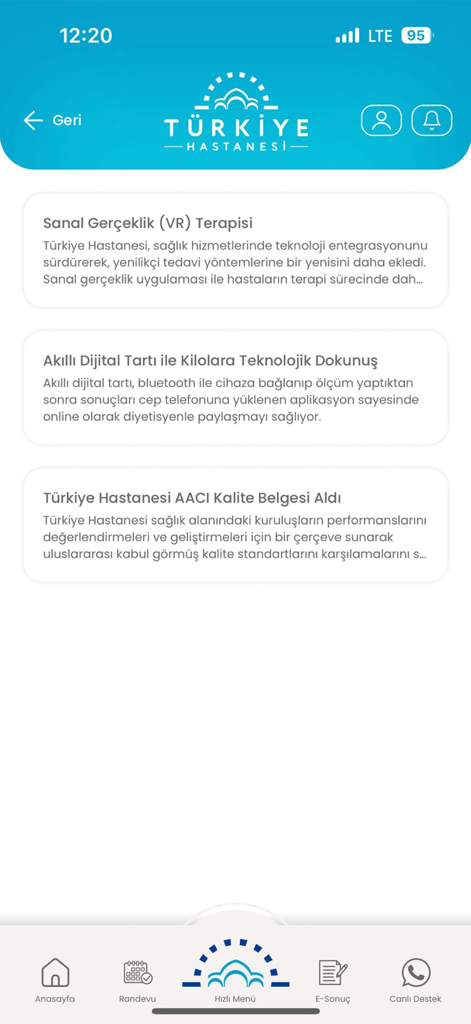 Mobile application interface of Turkiye Hastanesi showing healthcare news and bottom navigation menu