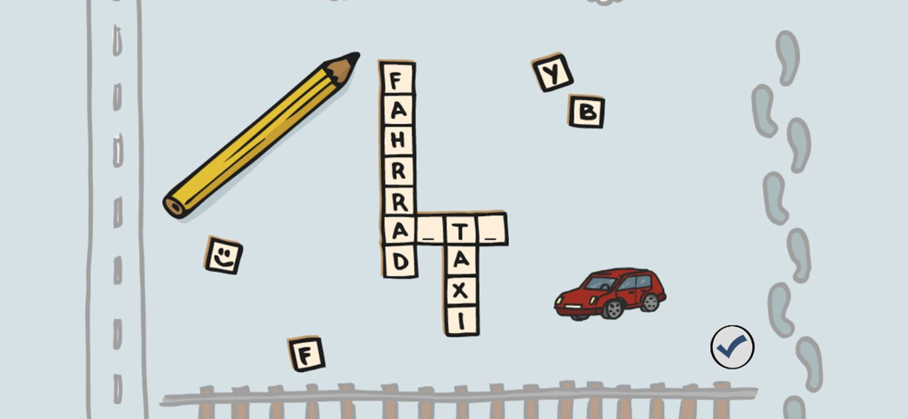 Learning German Mumbro Zinell - 子供向けのインタラクティブなドイツ語クロスワードパズルゲーム。Fahrrad（自転車）やTaxi（タクシー）などの交通関連の単語が登場します。