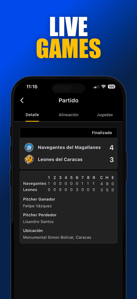 Beisbol Venezuela LVBP 2025 - Pantalla de una aplicación móvil que muestra resultados de juegos de béisbol en vivo y estadísticas de juegos para equipos de la LVBP