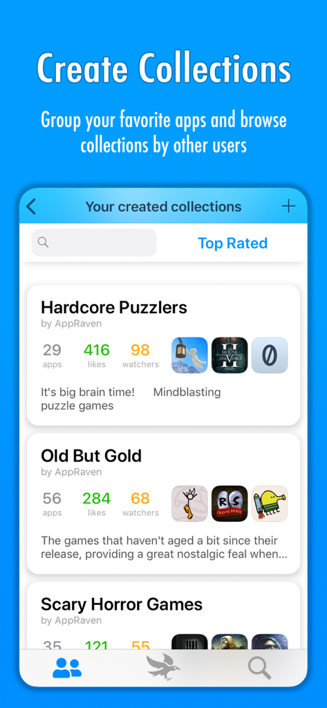 Oberfläche von AppRaven, die kuratierte App-Sammlungen wie Hardcore Puzzler und Old But Gold anzeigt