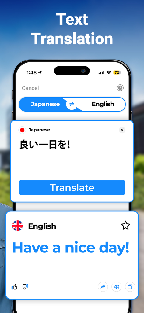 XTranslate - Photo, Voice, PDF - Pantalla móvil mostrando la aplicación XTranslate traduciendo texto japonés a inglés