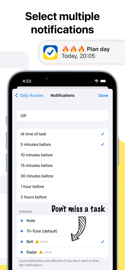 To-Do List & Tasks for Notion - Pantalla de configuración de notificaciones para la aplicación de tareas de Notion, que muestra múltiples opciones de recordatorios y sonidos.