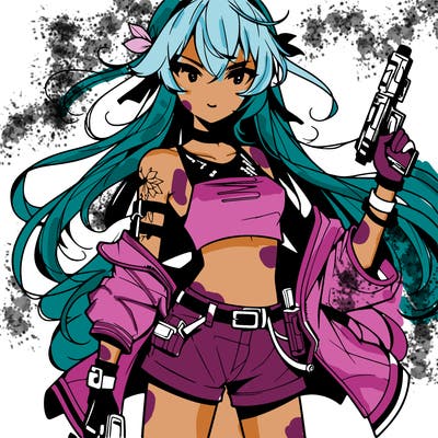 bad girl wearing crop top holding a gun long hair anime