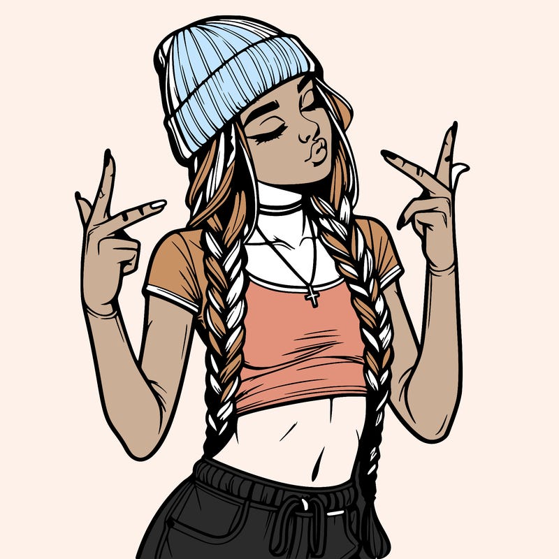 realistic teenage girl with braids and a beanie and crop top doing 🫶🏼