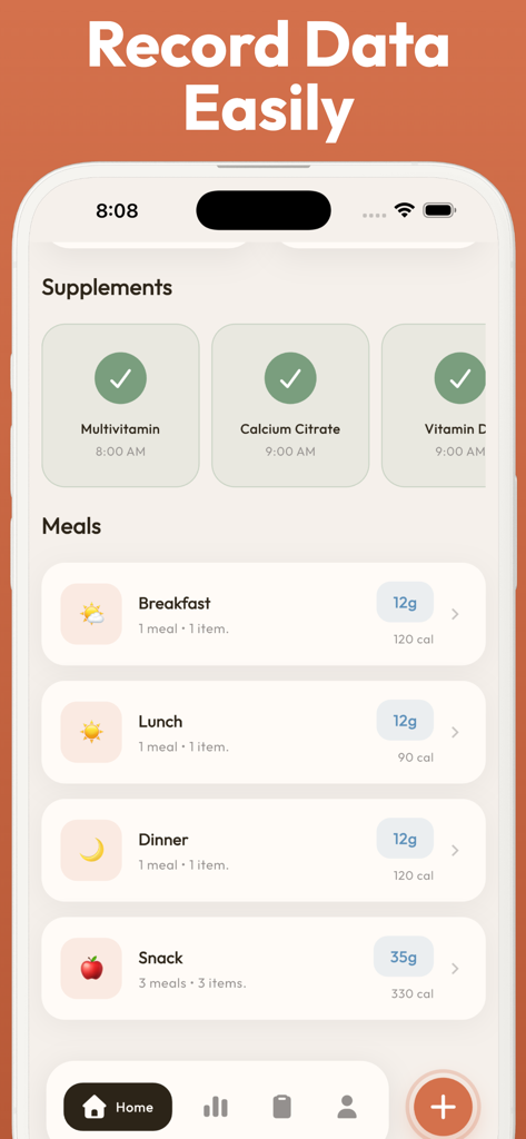 Bariatric Food Tracker - Bari - Bariatric Food Tracker app screen displaying protein meal logs and supplement checklists