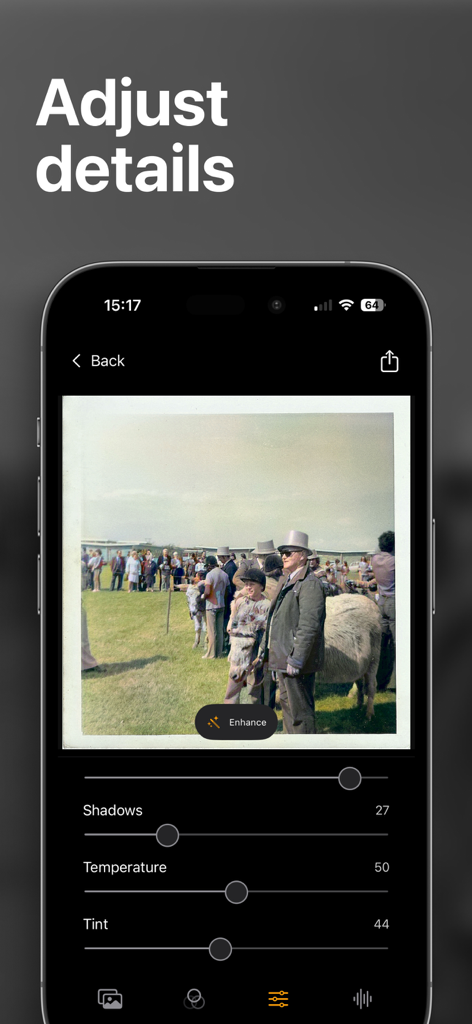 Colorize Old Photos: Pholorize - Pholorize app interface showing sliders to adjust shadows temperature and tint on a restored vintage photo