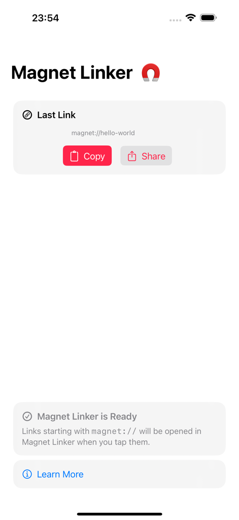 Magnet Linker - Interface of the Magnet Linker app displaying the copy and share options for a captured magnet link on iOS