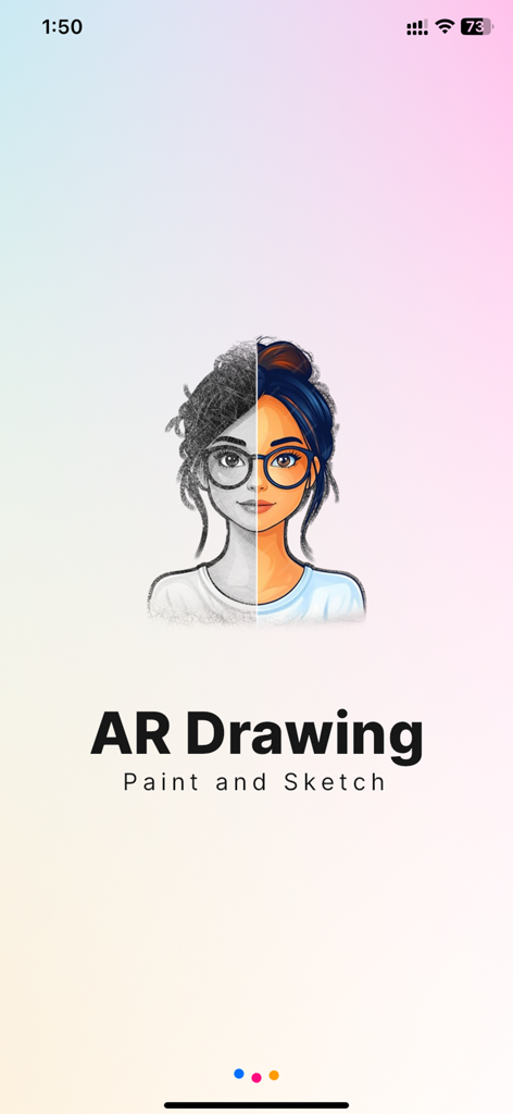 AR Drawing - Paint and Sketch - Splash screen for AR Drawing app showing a woman face split between a pencil sketch and a colored illustration