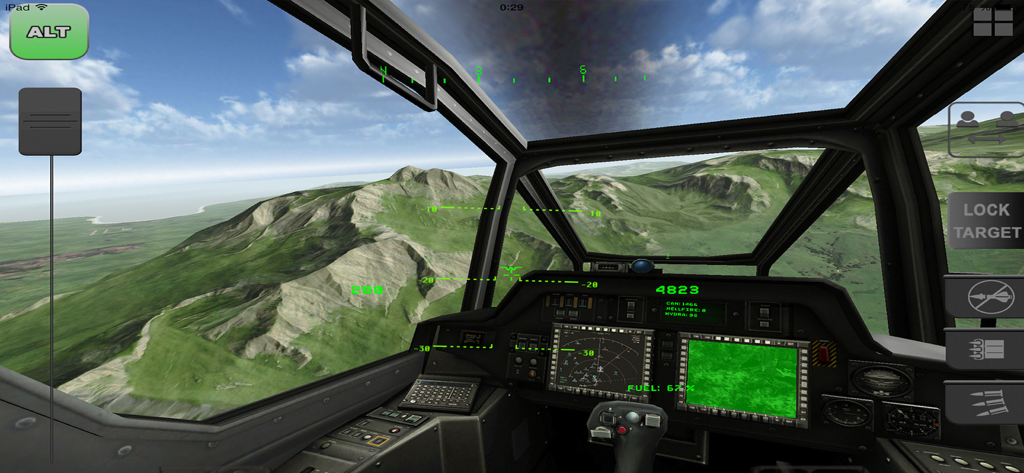 Air Cavalry - Flight Simulator - Visão em primeira pessoa do cockpit de um helicóptero militar realista voando sobre uma paisagem montanhosa.