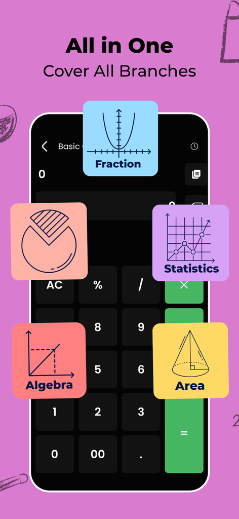Math AI: Scientific Calculator - Math AI app screen displaying educational tools for algebra statistics fractions and area