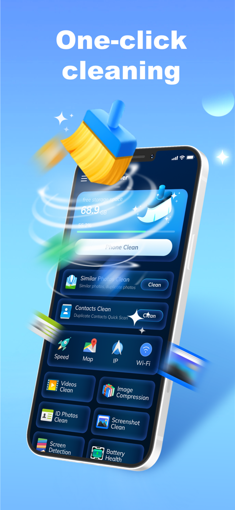 Daily Cleaner - Interface of the Daily Cleaner app featuring a one click cleaning button and various phone optimization tools