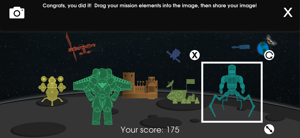 Interfaz de la aplicación NASA To the Moon and Beyond que muestra los elementos de la misión y la puntuación final sobre un fondo de superficie lunar