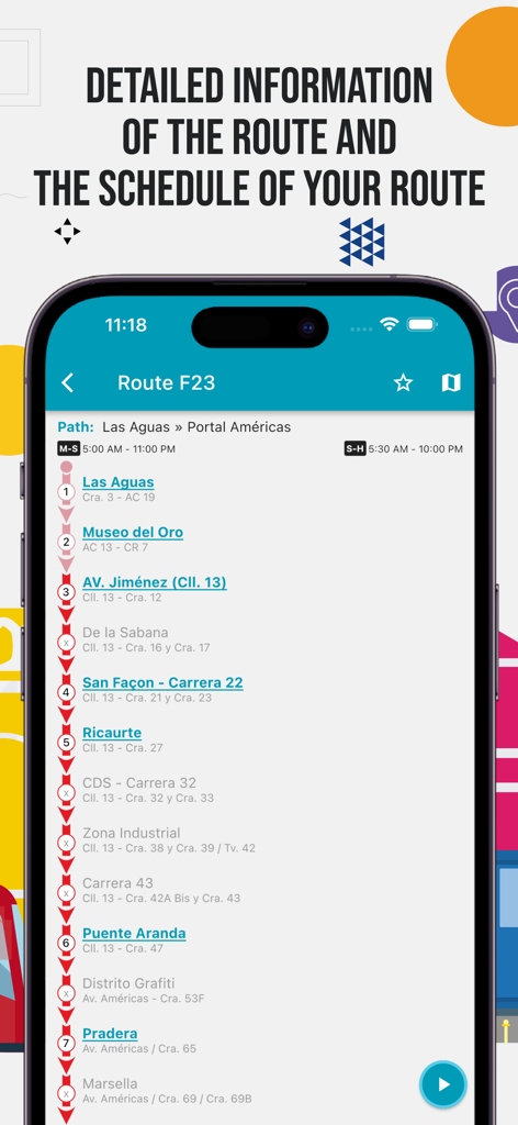 TransmiSitp MoviliXa - Interfaz de la aplicación TransmiSitp mostrando las paradas detalladas de la ruta F23 y los horarios de operación en Bogotá