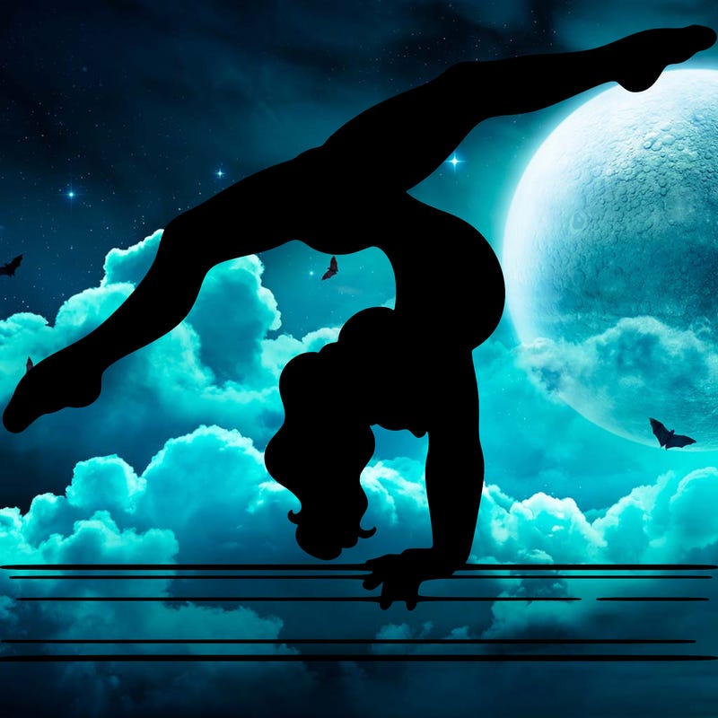 gymnast doing split handstand on a beam