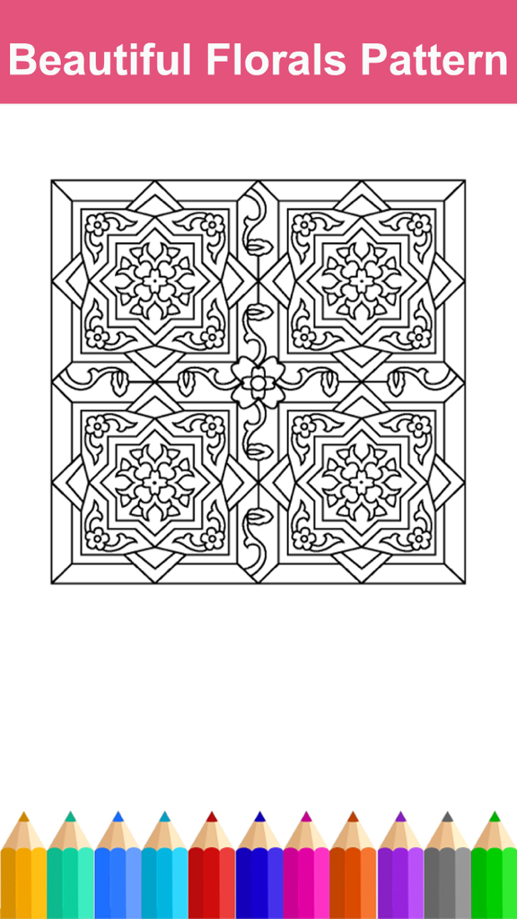 Mandala Adult Coloring Book Free Stress Relieving - Beautiful floral pattern for coloring in the Mandala Adult Coloring Book app with color pencils shown at the bottom