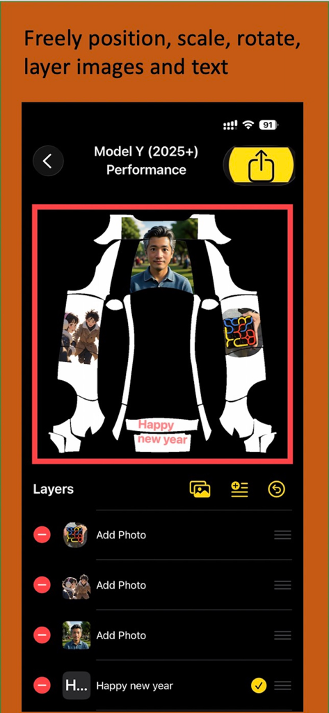 Wrap For Tesla - Interface of the Wrap For Tesla app showing image and text layering on a Model Y car wrap template.