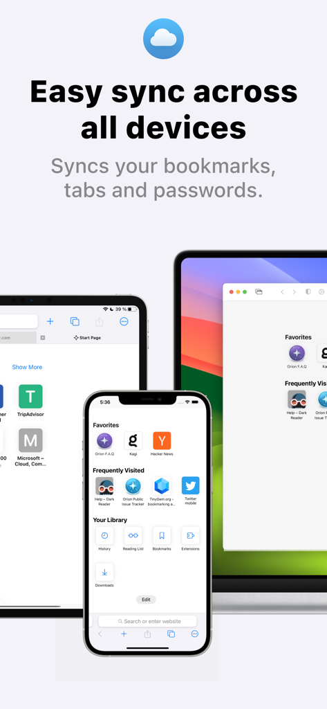 Orion Browser synchronization of bookmarks and passwords across iPhone iPad and Mac