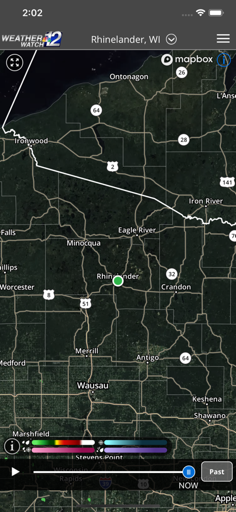WJFW WeatherWatch 12 - High resolution satellite weather radar map of the Rhinelander and Wisconsin Northwoods region.