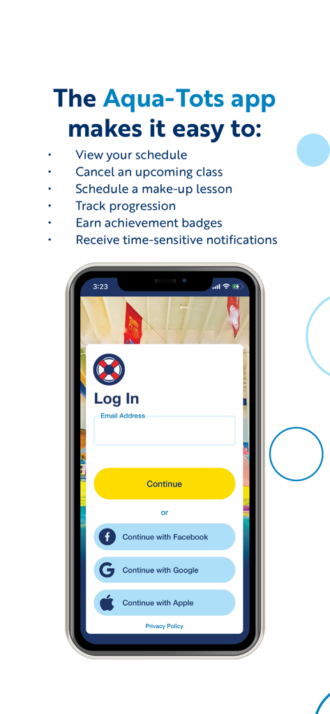 Aqua-Tots - Aqua-Tots app login screen listing features like scheduling and progress tracking with social sign-in options.