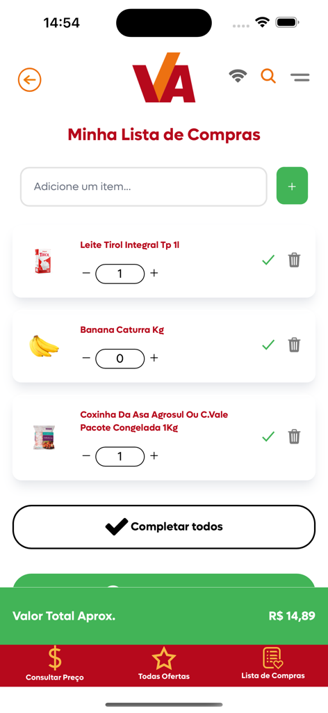 Vantajão Atacado - A shopping list screen in the Vantajao Atacado app displaying grocery items like milk and bananas with an estimated total price